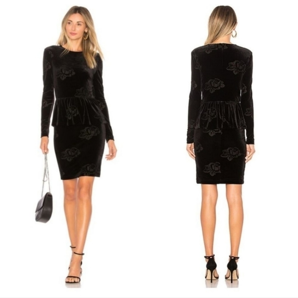 Ganni Black Velvet Rose Bloomsbury Peplum Waist Dress